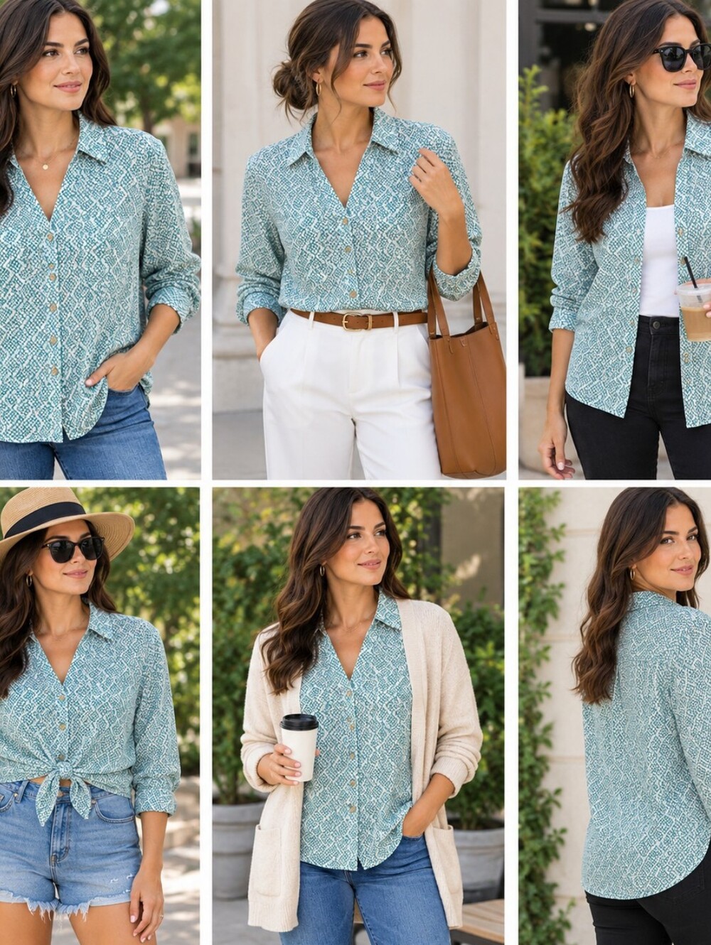 Maeve Anthropologie Rochelle Green and White Geometric Button-Up Blouse